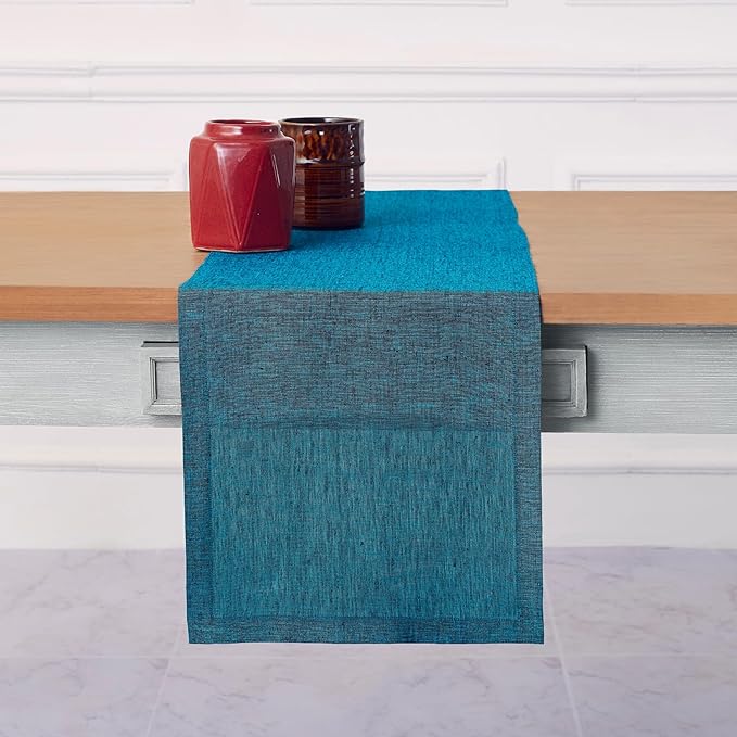 Solino Home Linen Table Runner 120 Inches Long - Athena, 100% Pure Linen Chambray Teal 14 x 120 Inch Table Runner for Dining, Fall, Autumn