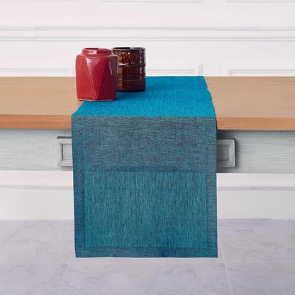 Solino Home Linen Table Runner 120 Inches Long - Athena, 100% Pure Linen Chambray Teal 14 x 120 Inch Table Runner for Dining, Fall, Autumn