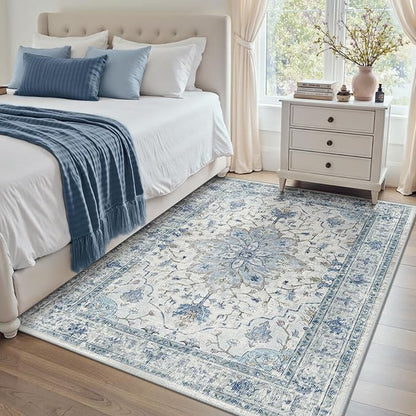 Area Rugs 4'x6' Washable Non-Slip, Floral Vintage Distress Print Pattern Medallion Carpet for Living Room Bedroom Dining Room, Light Blue Navy Beige Gray White