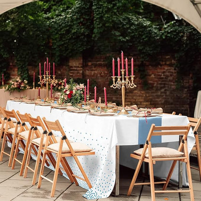 12Pack Disposable Plastic Tablecloths and Satin Table Runner Set White and Light Blue Dot Tablecloth Light Blue Satin Table Runner for Wedding Birthday Baby Shower Engagement Christmas Party Supplies
