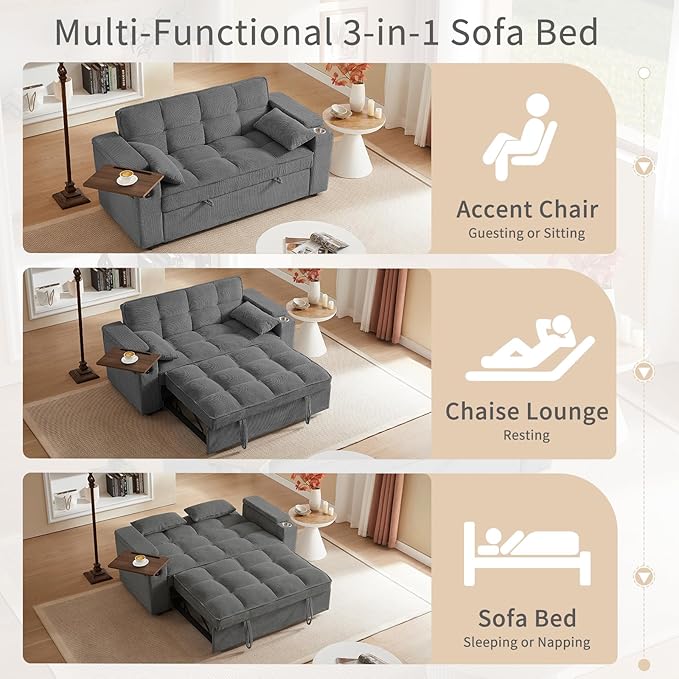 65'' 3-in-1 Folding Convertible Sofa Bed, Queen Size Pullout Sofa, Modern Chenille Fabric, 360° Swivel Side Table, Easy Assembly, Perfect for Living Room