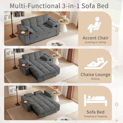 65'' 3-in-1 Folding Convertible Sofa Bed, Queen Size Pullout Sofa, Modern Chenille Fabric, 360° Swivel Side Table, Easy Assembly, Perfect for Living Room