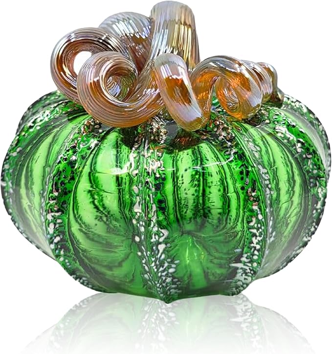 Luke Adams Glass | Handmade Glass Pumpkins | Handmade Table Top Home Decor (Squat, Green Tinsel)