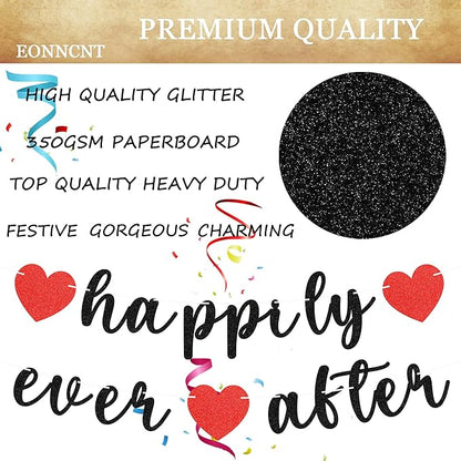 Pre-Strung Happily Ever After Banner - Black Glitter Bachelorette Bridal Engagement Party Decoration Supplies, Bachelorette Wedding Party Banner for Engagement, Bridal Shower, Wedding Party Photo Booth Props