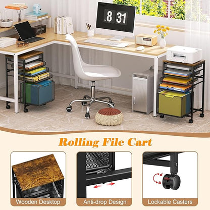 Rolling File Cart 5-Tier, Under Desk Cabinet with Sliding Metal Mesh Trays for Binder Storage, Utility Cart Printer Stand with Wheels for Letter-Size File Storage, for Office & Homeschool Organization