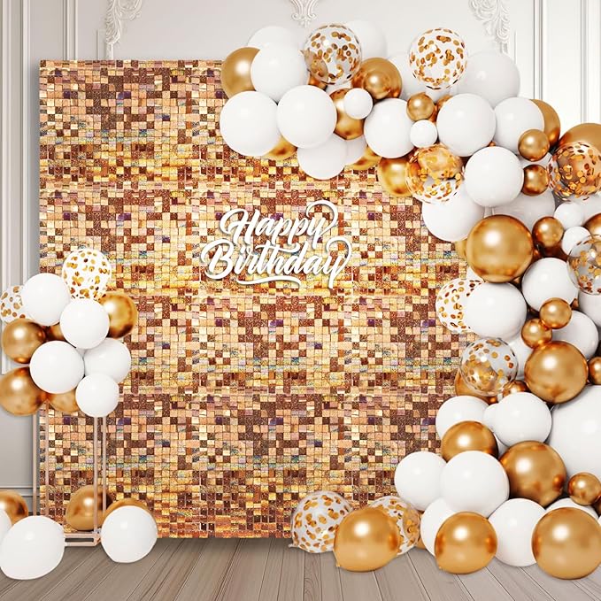 48 PCS Champagne Shimmer Wall Backdrop, Laser Square Sequin Photo Backdrops Panel, Glitter Wall Background for Birthdays, Weddings, Halloween, Engagements, Disco Bachelorette Party Decoration (6x8FT)