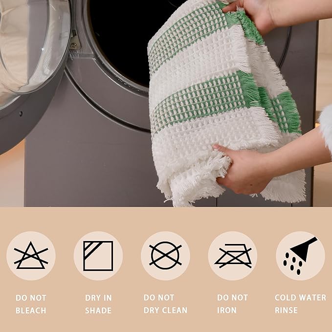 Waffle Bath Mat Non Slip, Boho Bathroom Rug, Super Absorbent Quick Dry Bathroom Mat, Soft Farmhouse Bath Rug with Tassels, Small Washable Shower Mats for Floor 20"x32", White and Green