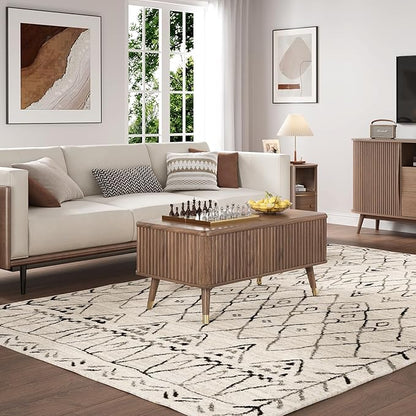 Lift Top Coffee Table with Storage, Mid Century Modern Fluted Wood Design,Pop-Up Walnut Center Table with Hidden Compartment for Living Room & Home Office Work/Dining