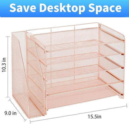 OPNICE 5-Tier Paper Organizer with Magazine Holder, Desk Organizers and Accessories, Office Desk Accessories & Workspace Organizers, Desktop File Organizer for Office Supplies Storage, Rose Gold