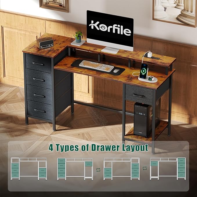 55 Inch Gaming Desk with Power Outlets and LED Lights, Reversible Computer Desk with 5 Fabric Storage Drawers, Home Office Desk with Monitor Stand for Working Writing Study, Rustic Brown