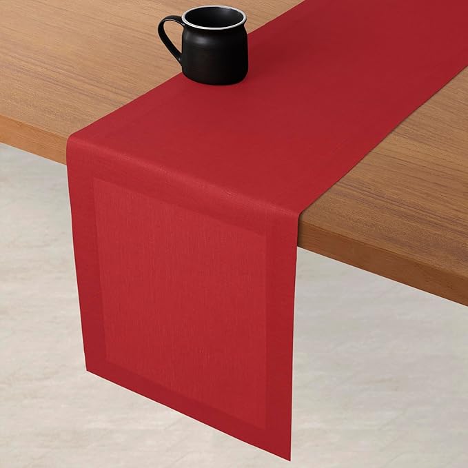 D'Moksha Homes Linen Table Runner 48 Inches - 100% Pure Linen Bright Red Table Runner 14 x 48 Inch for Coffee Tables, Dresser, Winter, Christmas, Holiday - Machine Washable