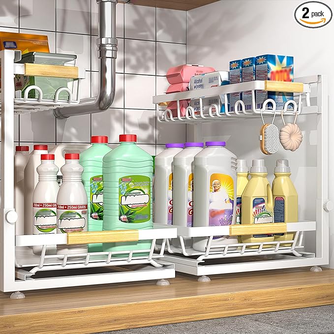 2 Packs Under Sink Organizer, Height Adjustable 2 Tier Under Kitchen Sink Organizer, Multi-Purpose Storage Shelf for Kitchen Bathroom Cabinet (White, Extra Large)
