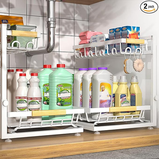 2 Packs Under Sink Organizer, Height Adjustable 2 Tier Under Kitchen Sink Organizer, Multi-Purpose Storage Shelf for Kitchen Bathroom Cabinet (White, Extra Large)