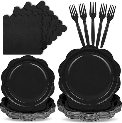 96 Pcs Black Paper Plates and Napkins Set Party Supplies, Tableware set for 24 Guest include Disposable Black Scalloped Plates, Napkins and Forks for Birthday Wedding Picnic
