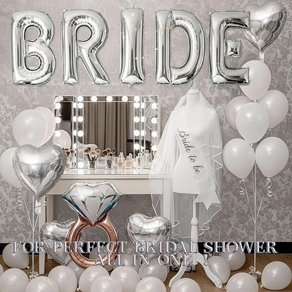 Silver Bridal Shower party decorations with huge 40in silver BRIDE letter Pearl Balloons BRIDE to be Sash Bridal Veil Diamond Ring Heart shape Balloons For Bachelorette party Wedding supplies