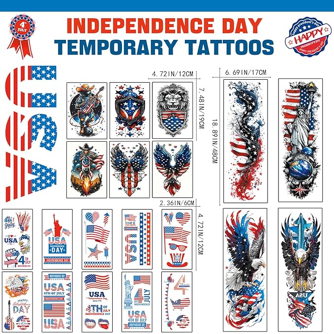 Independence Day Temporary Tattoo, 4th of July Patriotic Sleeve Tattoo, USA Flag Fake Tattoos, Red White and Blue Party Supplies, Veterans Day, Memorial Day, Summer Festivals