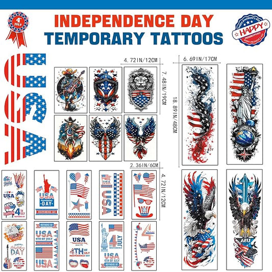 Independence Day Temporary Tattoo, 4th of July Patriotic Sleeve Tattoo, USA Flag Fake Tattoos, Red White and Blue Party Supplies, Veterans Day, Memorial Day, Summer Festivals