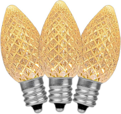 Novelty Lights 20CT Case (500 Bulbs) C7 LED Faceted Ultra Bright Dimmable Outdoor Christmas Light Replacement Bulbs LED Replacement Bulbs, LED Bulbs, String Light Bulbs (Sun Warm White 2200K)