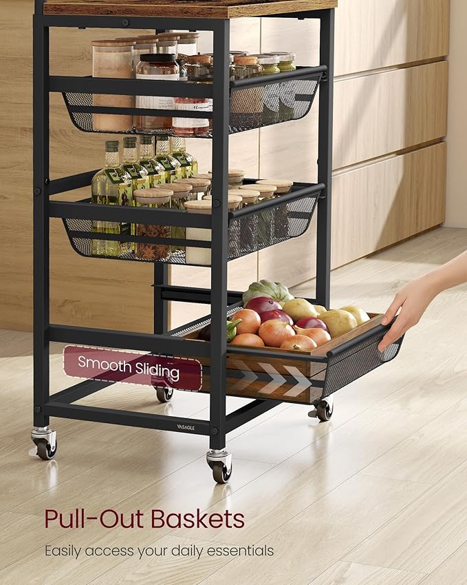 VASAGLE Storage Rolling Cart with Pull-Out Baskets, 4-Tier Utility Cart Orgnizer with Wheels for Laundry Room, Kitchen, Handle, 12.5 x 15.8 x 29.9 Inches, Rustic Brown and Ink Black ULRC040K01