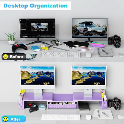 Spacrea Metal Desk Organizers and Accessories, Dual Monitor Stand Riser with Drawer and 2 Pen Holders, Desk Accessories & Workspace Desktop Organizers for Office Supplies (Purple)