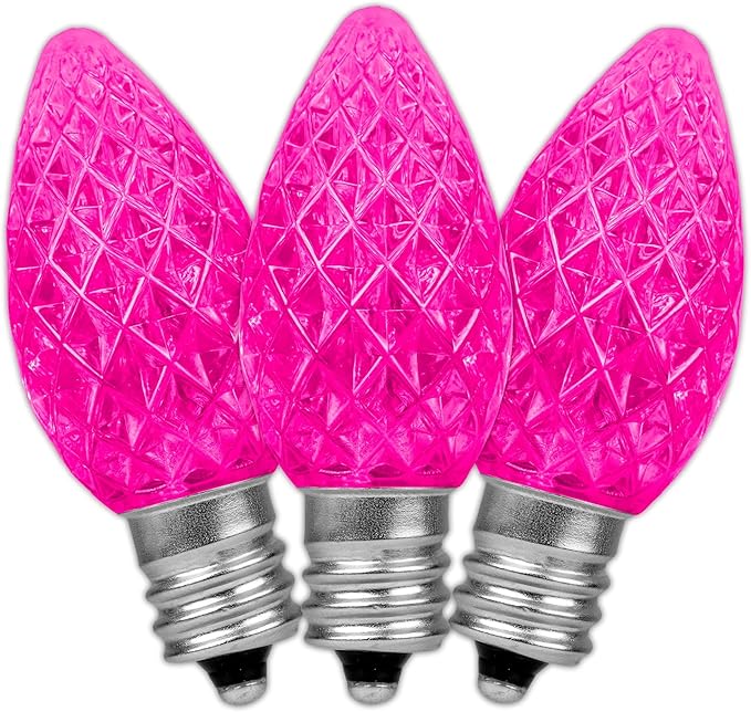 Novelty Lights 25pk Pink C7 LED Faceted Christmas Light Replacement Bulbs, Ultra Bright Dimmable Replacement Lamps for Indoor/Outdoor Light Strings