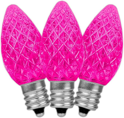 Novelty Lights 25pk Pink C7 LED Faceted Christmas Light Replacement Bulbs, Ultra Bright Dimmable Replacement Lamps for Indoor/Outdoor Light Strings