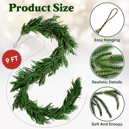 9FT Christmas Artificial Norfolk Pine Garlands for Mantle Fireplace, Real Touch Faux Greenery Pine Garland for Holiday Xmas Decorations