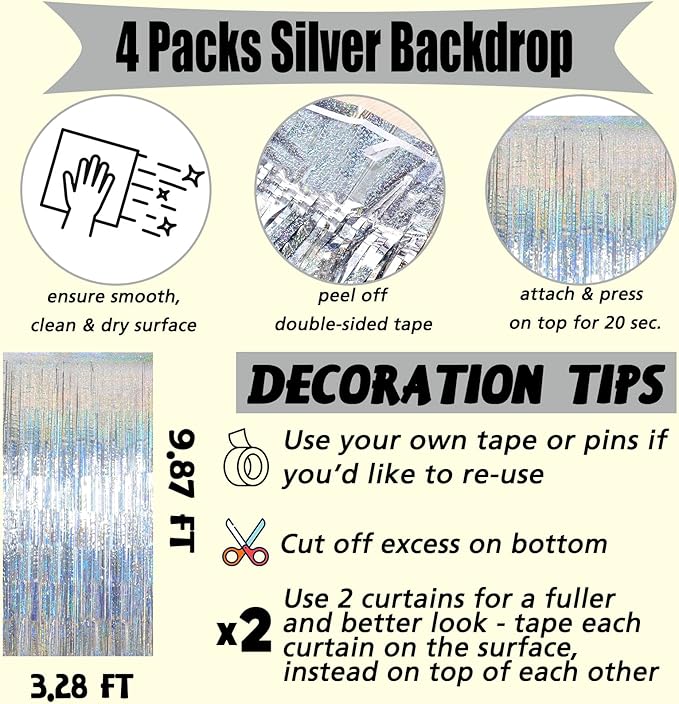 4 Pack Silver Fringe Curtain Backdrop, 3.2Ft x 8.2Ft Sparkle Metallic Tinsel Foil Fringe Streamers Background for Photo Booth Birthday Wedding Baby Shower Party Thanksgiving Christmas Decorations