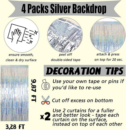 4 Pack Silver Fringe Curtain Backdrop, 3.2Ft x 8.2Ft Sparkle Metallic Tinsel Foil Fringe Streamers Background for Photo Booth Birthday Wedding Baby Shower Party Thanksgiving Christmas Decorations