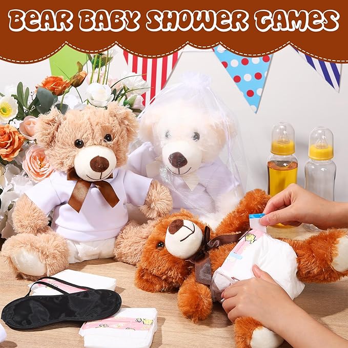 Soulchen 6 Set Bear Blindfolded Diaper Changing Baby Shower Games 14 Inch Bear Plushes with Dolls Diapers Bottles Shirts for Gender Reveal Bridal Shower Game Prize Gift Guest Adult(Khaki,Brown,Beige)