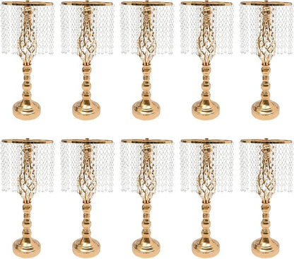 Wedding Centerpieces Gold Vases,10PCS Metal Flower Candle Holder with Sparkling Crystal Beads,Crystal Flower Vase Metal Flowers Stand for Party Tables Decorations (10PCS-Gold-15)