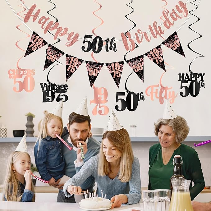 50th Birthday Decorations for Women, Black Rose Gold Happy 50th Birthday Banner Hanging Swirls Vintage 1975 Decorations Kit Cheers to 50 Party Supplies