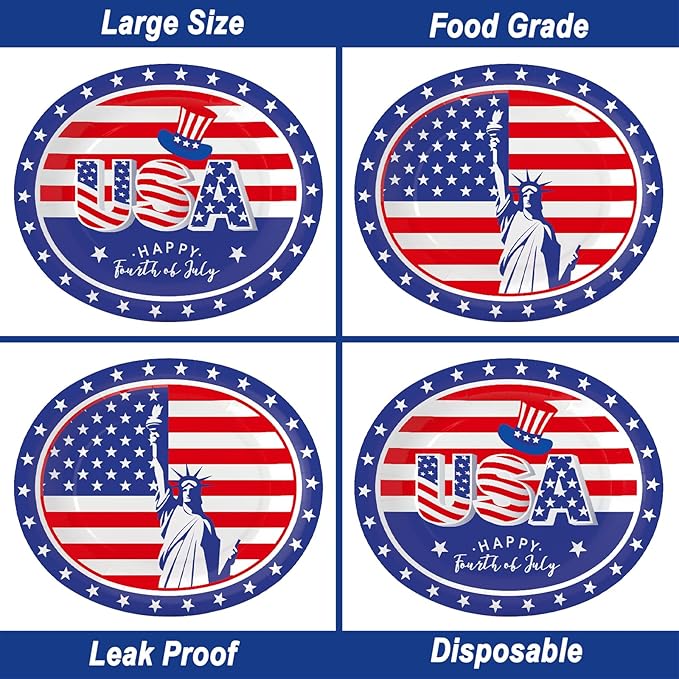 100Pcs 4th of July Oval Paper Plates and Napkins,10" x 12" Large Disposable Independence Day Plates for July Fourth Patriotic Party