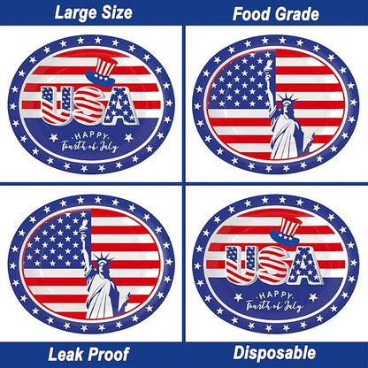 100Pcs 4th of July Oval Paper Plates and Napkins,10" x 12" Large Disposable Independence Day Plates for July Fourth Patriotic Party