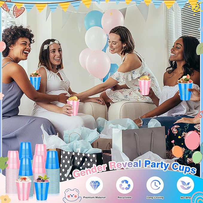 KesaPlan 100 PCS 12 OZ Gender Reveal Plastic Cups, Pink and Blue Cups for Party, Disposable Drinking Cup Bulk for Baby Shower Party Team Birthday Wedding Bachelorette Easter Holiday Supplies