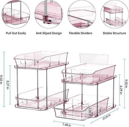 Delamu 2-Tier Under Sink Organizers and Storage, Multi-Purpose Stackable Bathroom Cabinet organizers, Pull Out Kitchen Pantry Organization and Storage with Dividers(2 Pack, Pink)