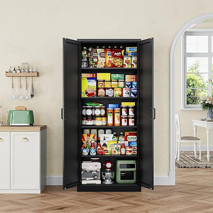 Letaya 75" H Metal Storage Cabinet with 2 Doors and 4 Shelves,Tall Kitchen Pantry Cabinets,Farmhouse Utility Pantry Organizers for Cupboard/Dining/Bathroom/Home Office/Garage Room,Black