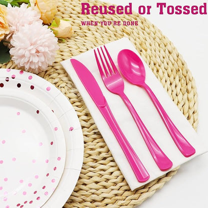 150 Pcs Hot Pink Plastic Silverware Hot Pink Plastic Utensils Heavy Duty - 50 Forks, 50 Knives, 50 Spoons for Birthday Bachelorette Wedding Bridal Shower