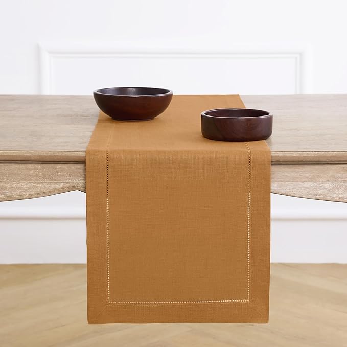 Solino Home Linen Brown Sugar Table Runner 72 Inches Long - 100% Pure Linen Hemstitch Table Runner 14 x 72 Inch for Dresser, Dining, Fall, Autumn, Thanksgiving - Classic Hemstitch