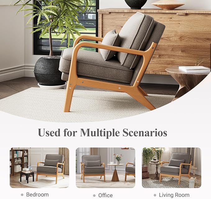 Accent Chair Set of 2 with Solid Wood Frame, Mid-Century Relaxing Armchair Lumbar Pillow& Soft Cushion, Reading Leisure Chair for Living Room, Bedroom, Waiting Room-Grey