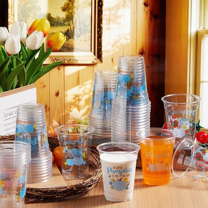 Meanplan 50 Pcs 12oz Thanksgiving Baby Shower Party Plastic Cups A Little Pumpkin is On The Way Disposable Clear Cups for Fall Autumn Baby Shower Gender Reveal Supplies Decorations(Blue)