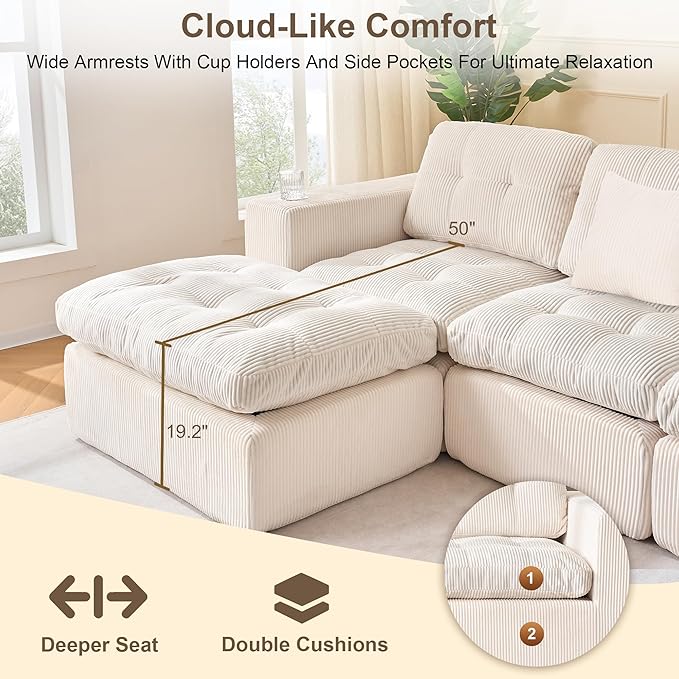 105 Inch Cloud Sectional Couch Modern Modular Sectional Sofa with Deep Seat - L Shaped Comfy 3 Seater Sectional Couches for Living Room with Cup Holders, Fits Living Room & Bedroom, Beige