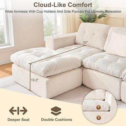 105 Inch Cloud Sectional Couch Modern Modular Sectional Sofa with Deep Seat - L Shaped Comfy 3 Seater Sectional Couches for Living Room with Cup Holders, Fits Living Room & Bedroom, Beige