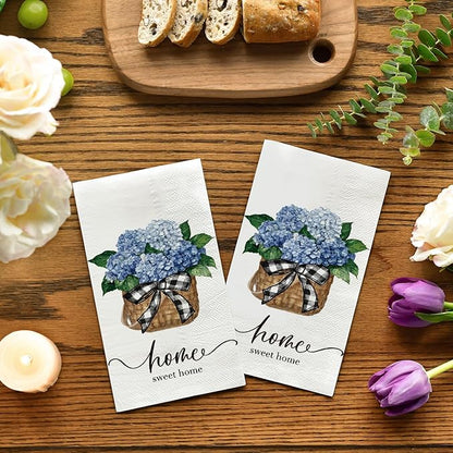 Horaldaily 100 Disposable Paper Decorative Guest Napkins, Blue Hydrangea Bouquet Sweet Home Hand Towel for Party Lunch Dinner Kitchen Bathroom