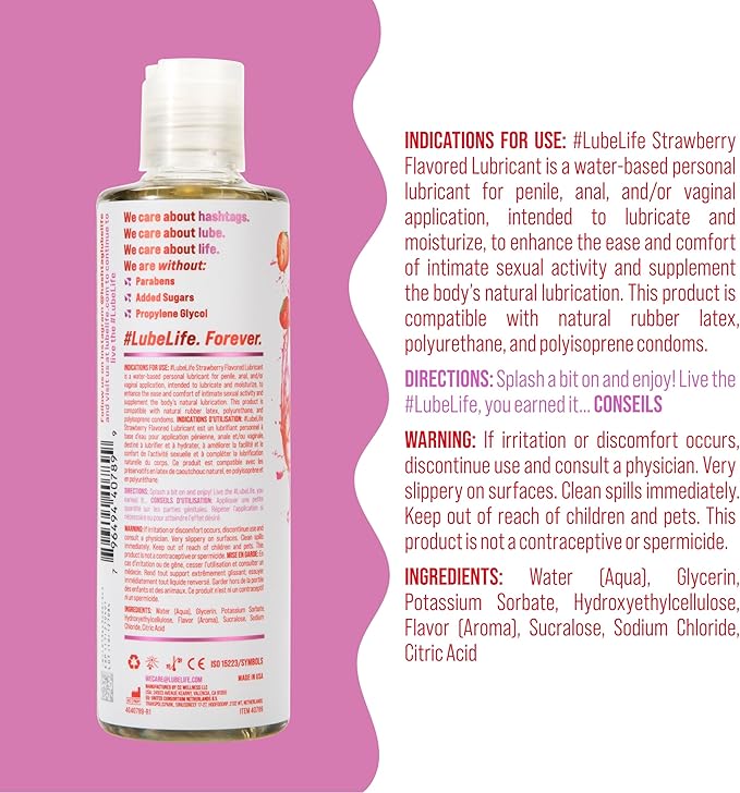 LubeLife Water-Based Strawberry Flavored Lubricant, Personal Lube for Men, Women and Couples, Made Without Added Sugar, 8 Fl Oz