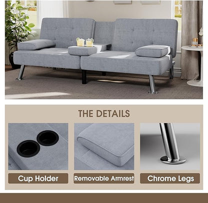 Flamaker Futon Sofa Bed Modern Folding Futon Set Linen Fabric Convertible Recliner Lounge for Living Room with 2 Cup Holders, Removable Armrests (Fabric, Light Grey)