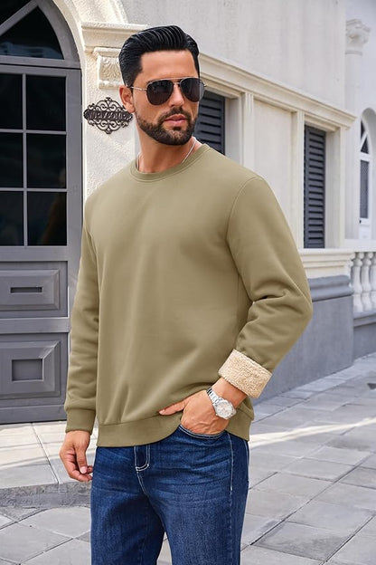 Boladeci Men's Full Sherpa Lined Crewneck Sweatshirts Heavy-weight Fleece Pullover Thick Thermal Long Sleeve Cotton