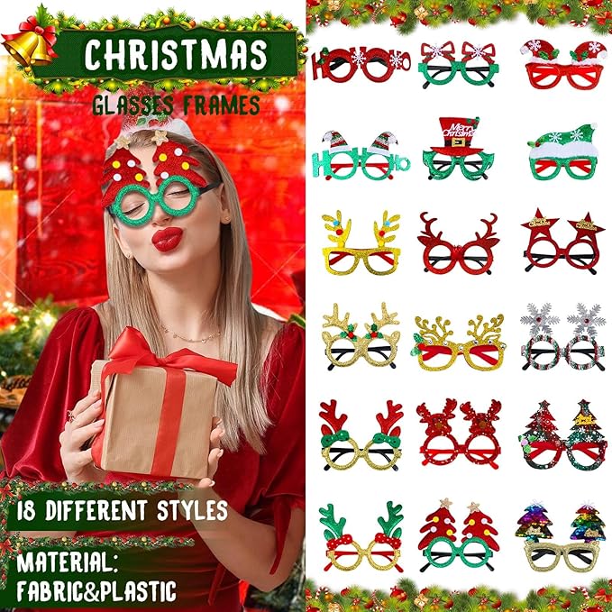 Hotop 72 Pcs Christmas Headbands and Glasses Frames, Cute Sparkling Christmas Party Favors for Xmas Tree Santa Hat Costume Accessories for Holiday Party Decorations New Year's Gifts