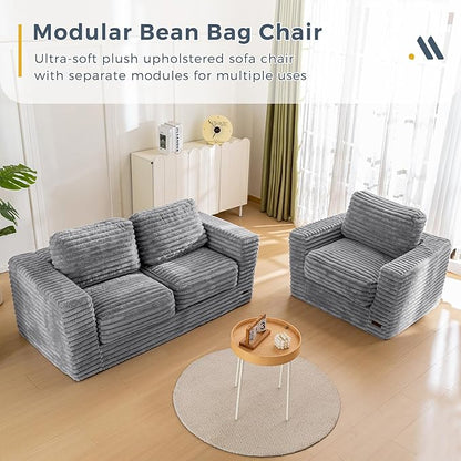 MAXYOYO Giant Bean Bag Chair for Adults, Upholstered Loveseat Floor Sofa with Pillows and Armrests, Large Bean Bag Sofa Plush Chair Bean Bag Couch for Bedroom Living Room, Grey