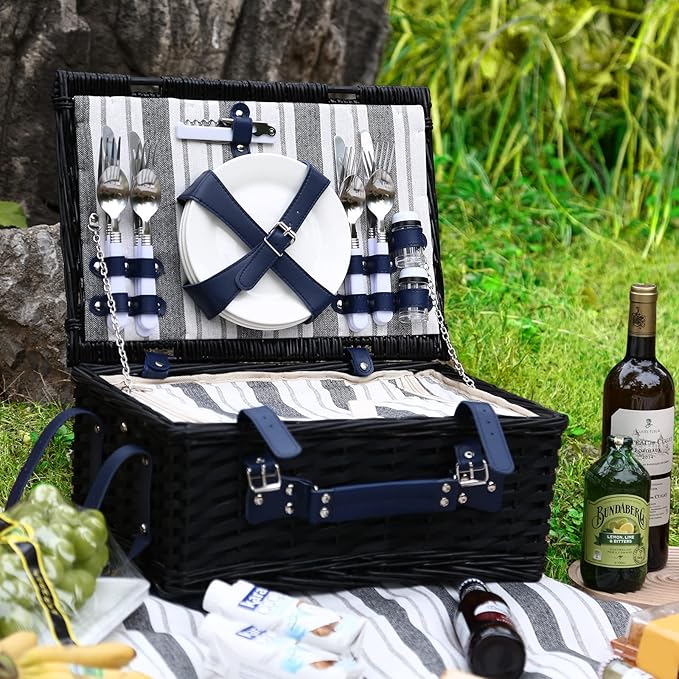 Wicker Picnic Basket for 4 with Waterproof Picnic Blanket and Insulated Cooler, Willow Hamper for Camping, Outdoors, Photoshoot, or a Birthday, Mother's Day, Wedding Gift, Black